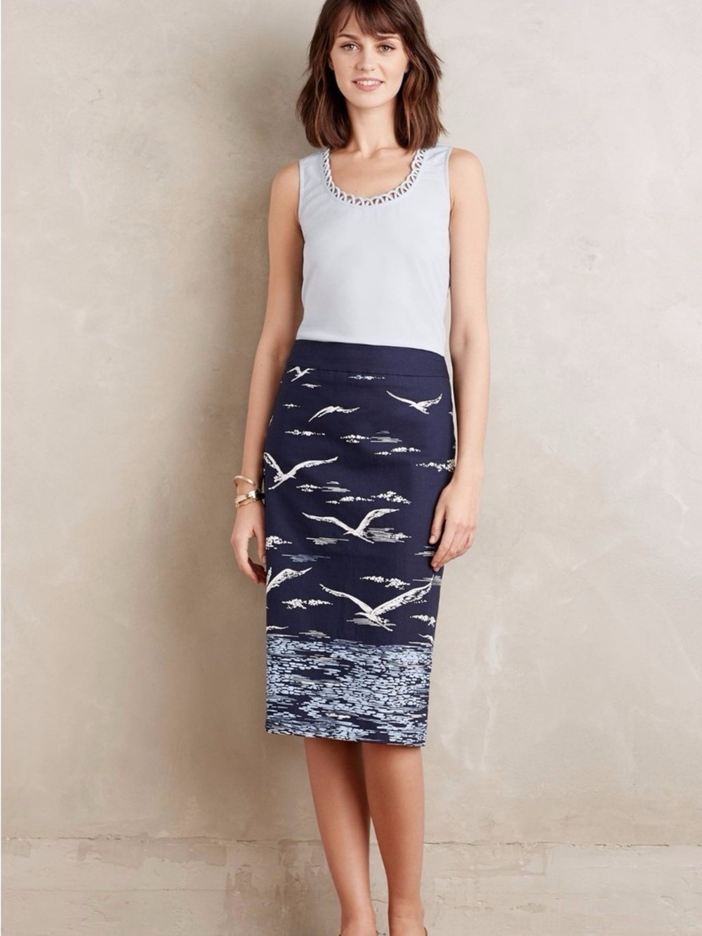 Anthro/Maeve Navy Shorebirds Pencil Skirt - Picture 2 of 10